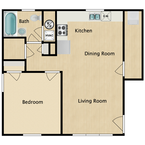 Floor plan for 1 bed, 1 bath, 600 sqft