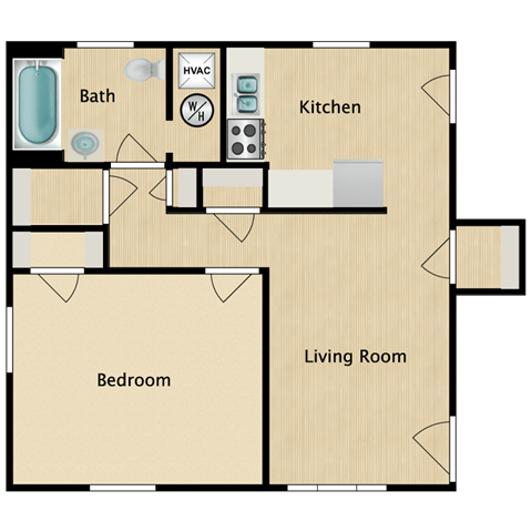 Floor plan for 1 bed, 1 bath, 600 sqft
