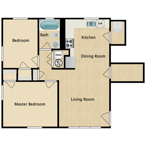 Floor plan for 2 beds, 1 bath, 760 sqft