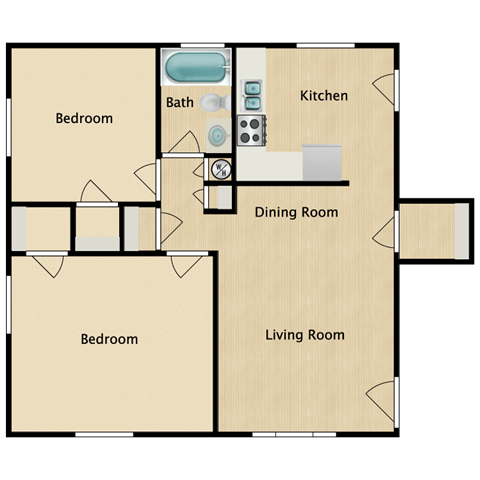 Floor plan for 2 beds, 1 bath, 760 sqft