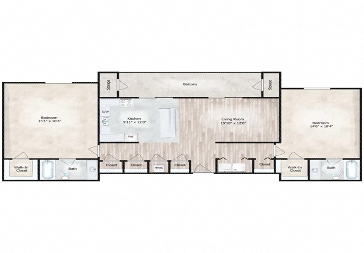 Floor plan for 2 beds, 2 baths, 1350 sqft