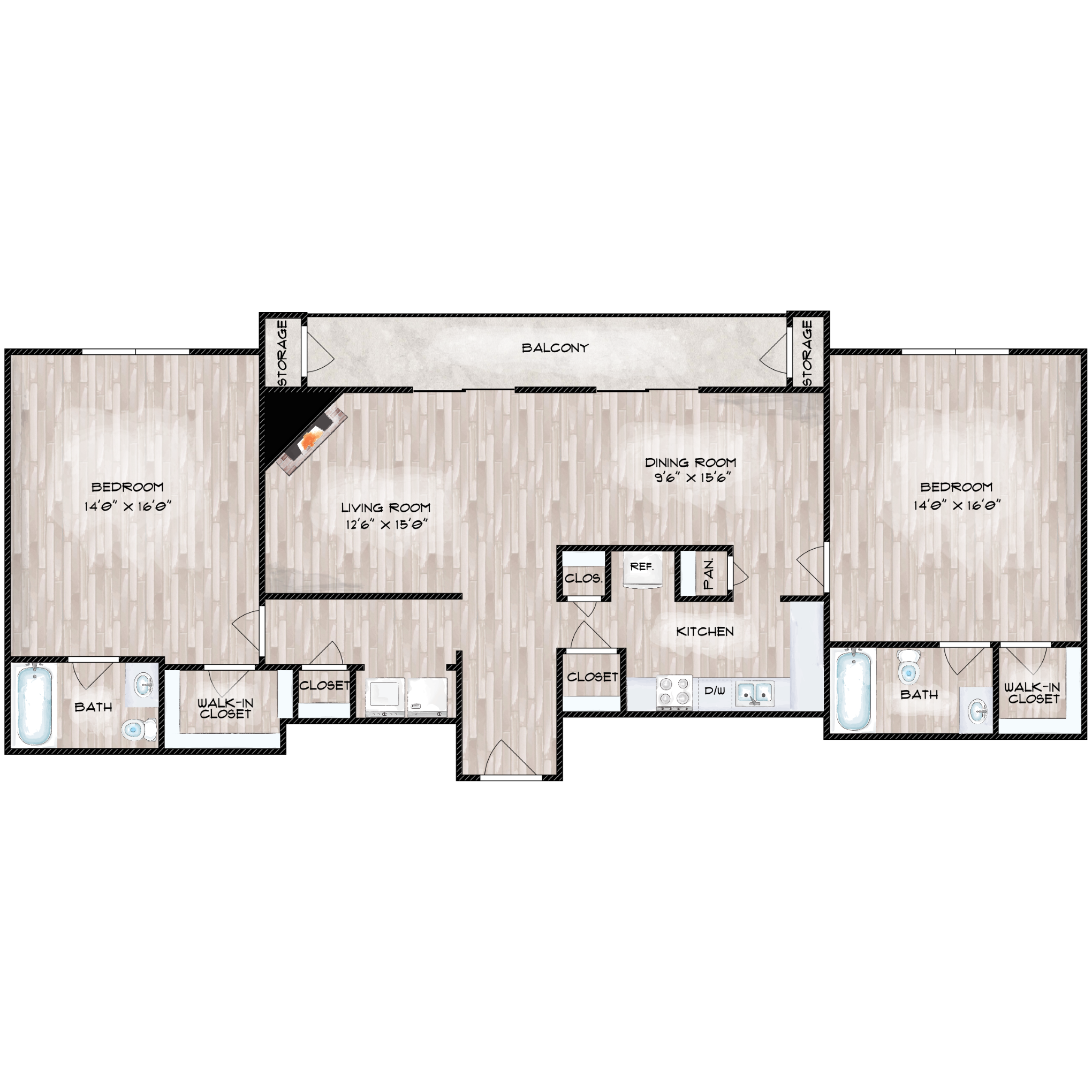 Floor plan for 2 beds, 2 baths, 1350 sqft