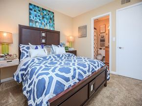 Knoxville apartment for rent - a bedroom with a bed and a door to a bathroom