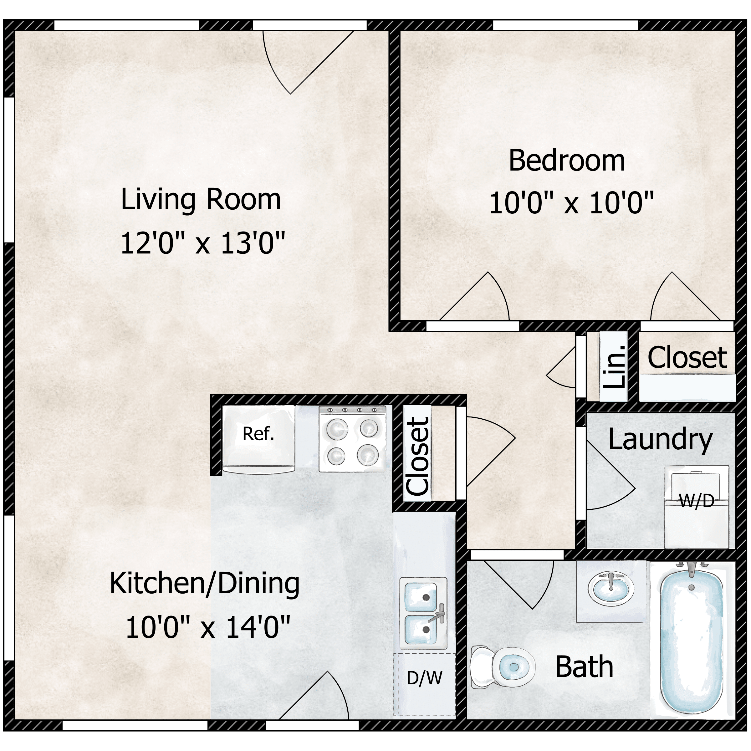 Floor plan for 1 bed, 1 bath, 600 sqft