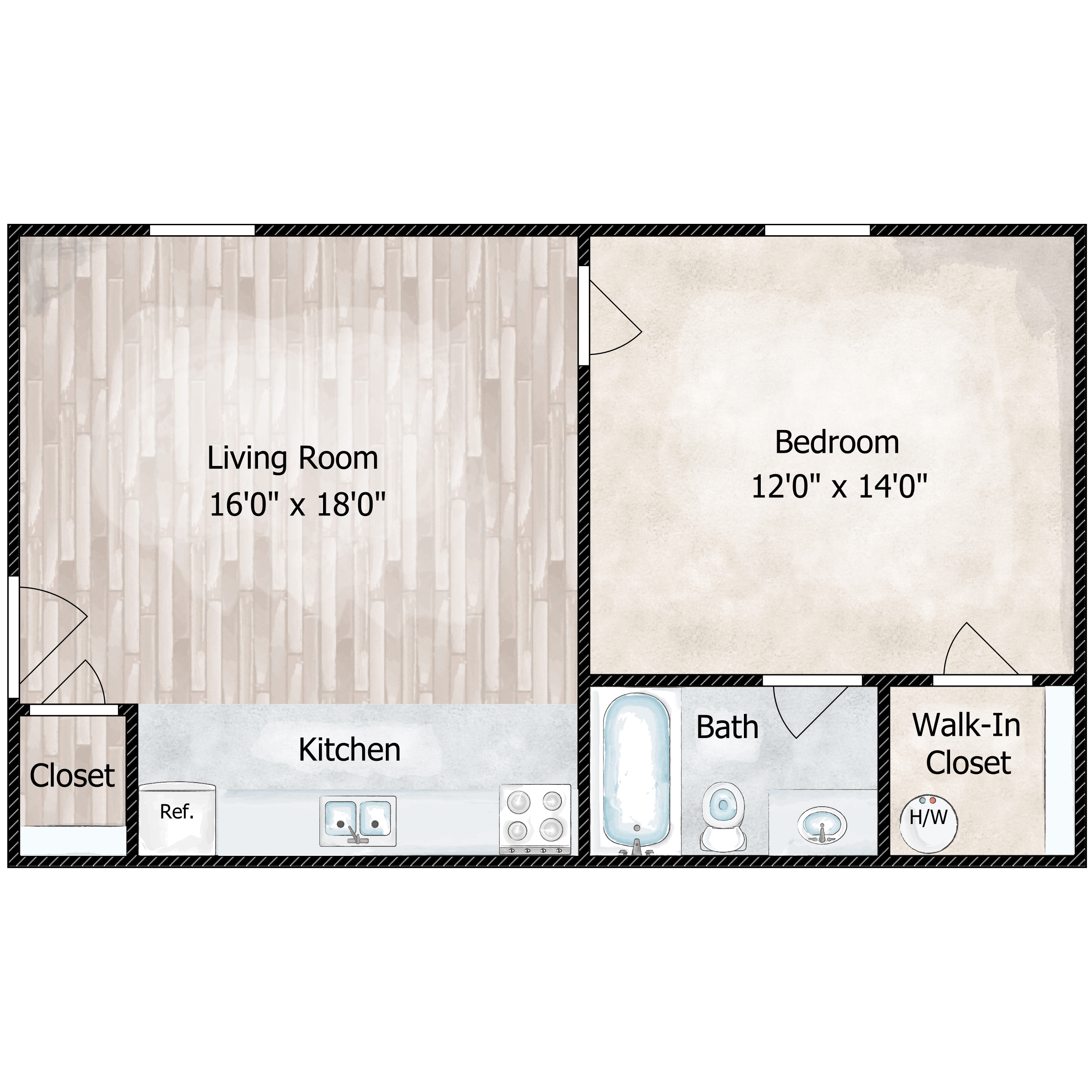 Floor plan for 1 bed, 1 bath, 589 sqft