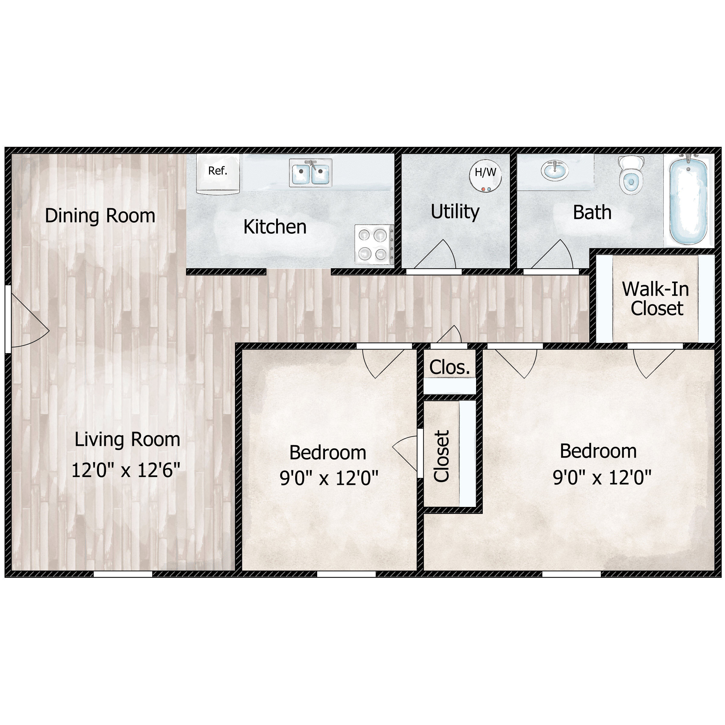 Floor plan for 2 beds, 1 bath, 855 sqft