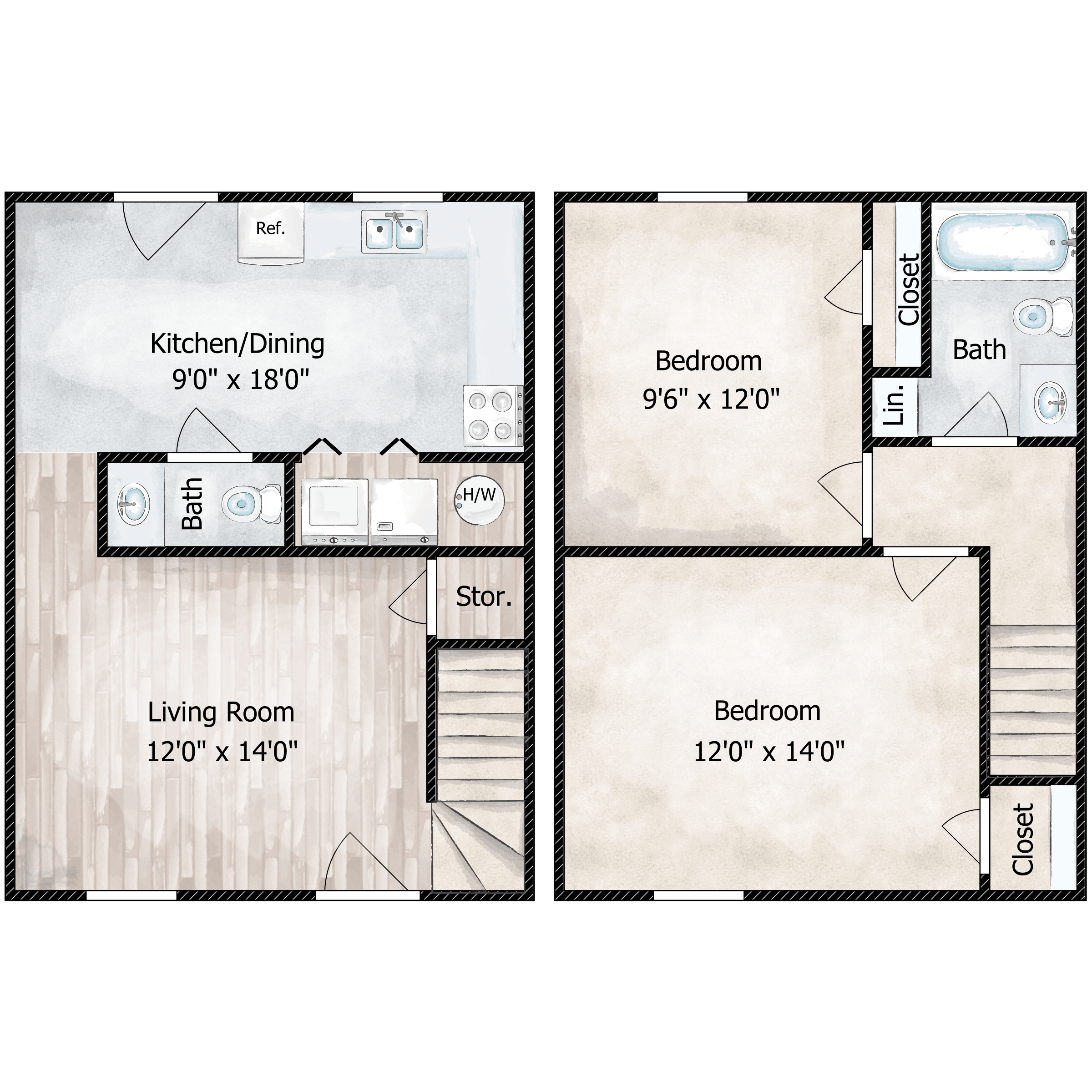 Floor plan for 2 beds, 1.5 baths, 864 sqft