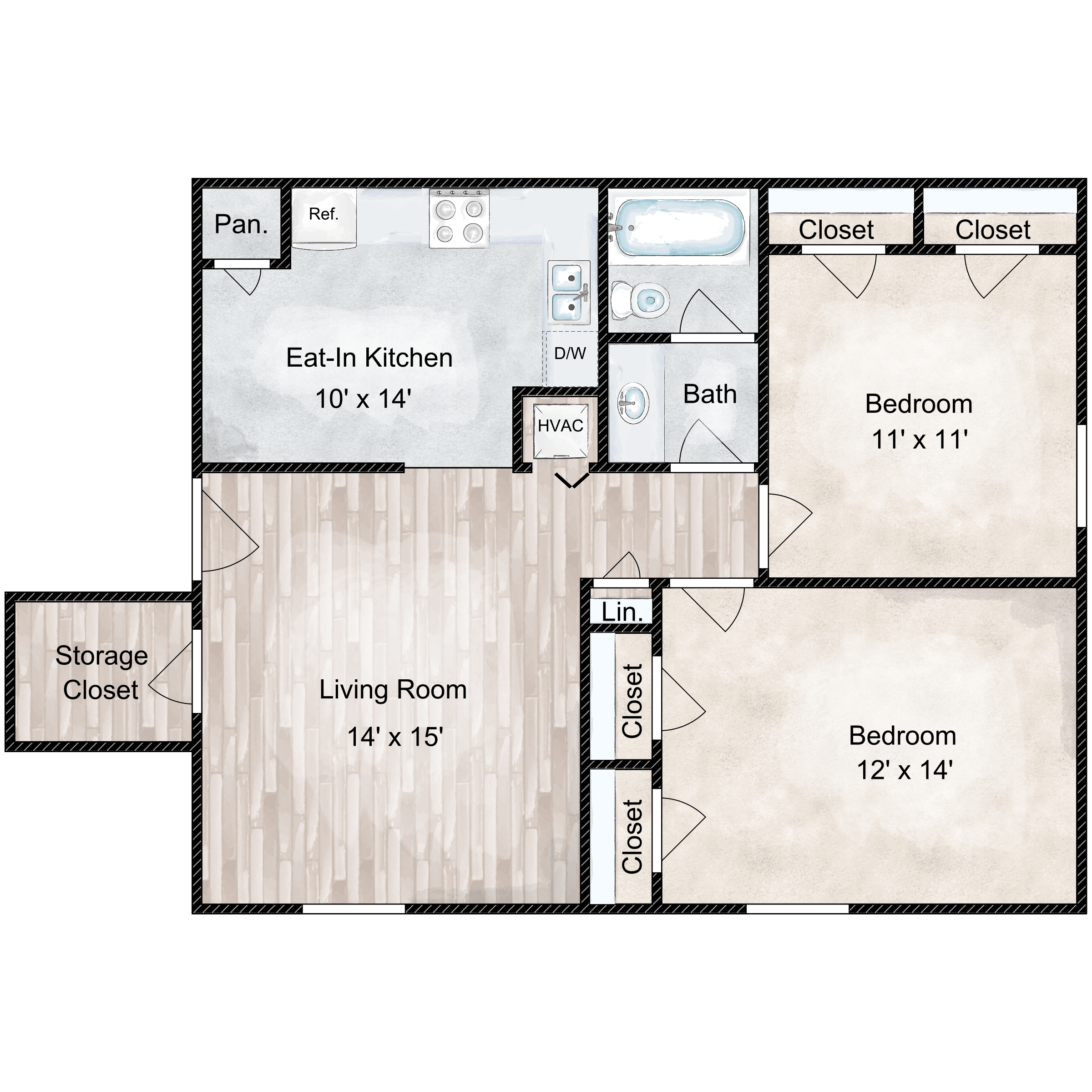 Floor plan for 2 beds, 1 bath, 800 sqft
