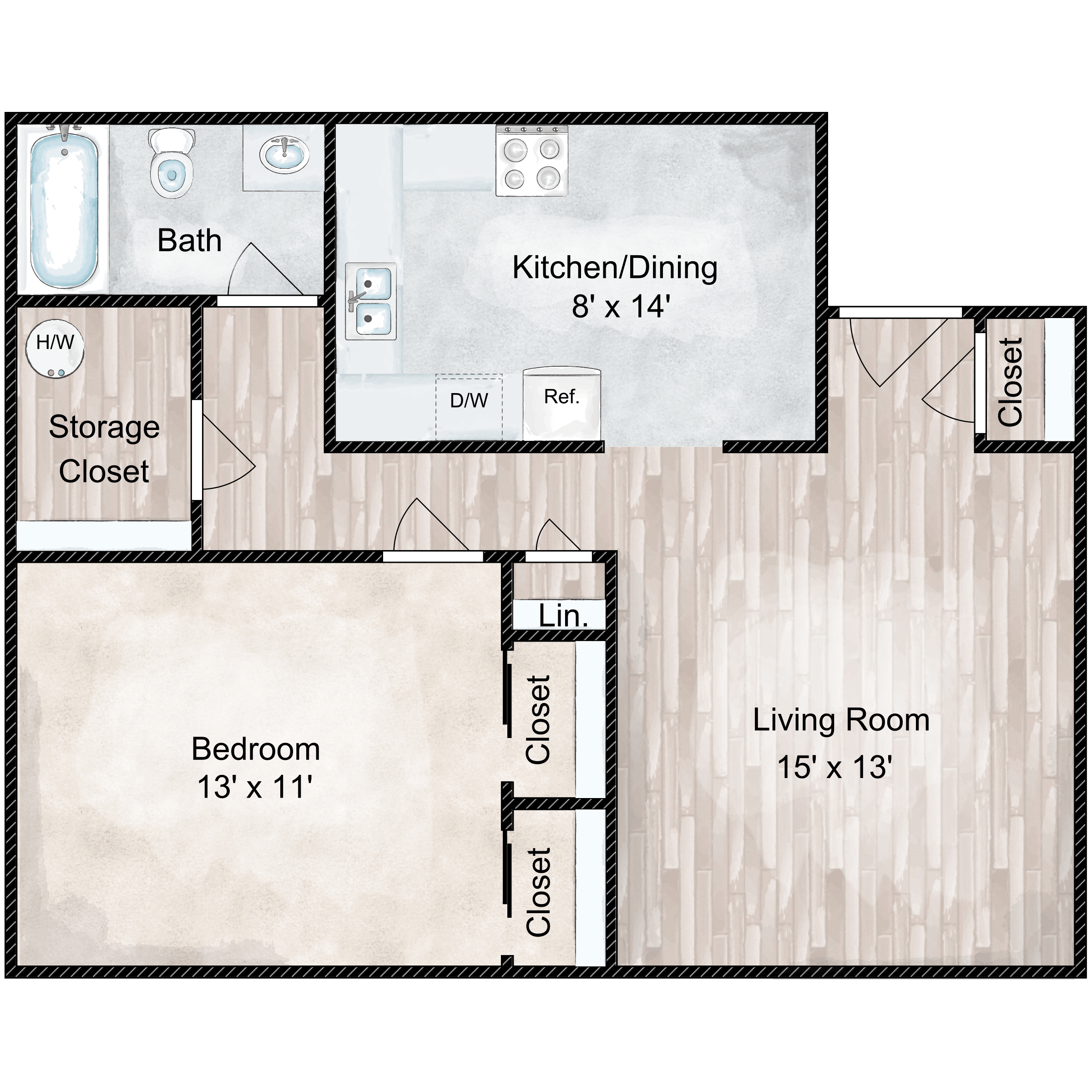 Floor plan for 1 bed, 1 bath, 751 sqft