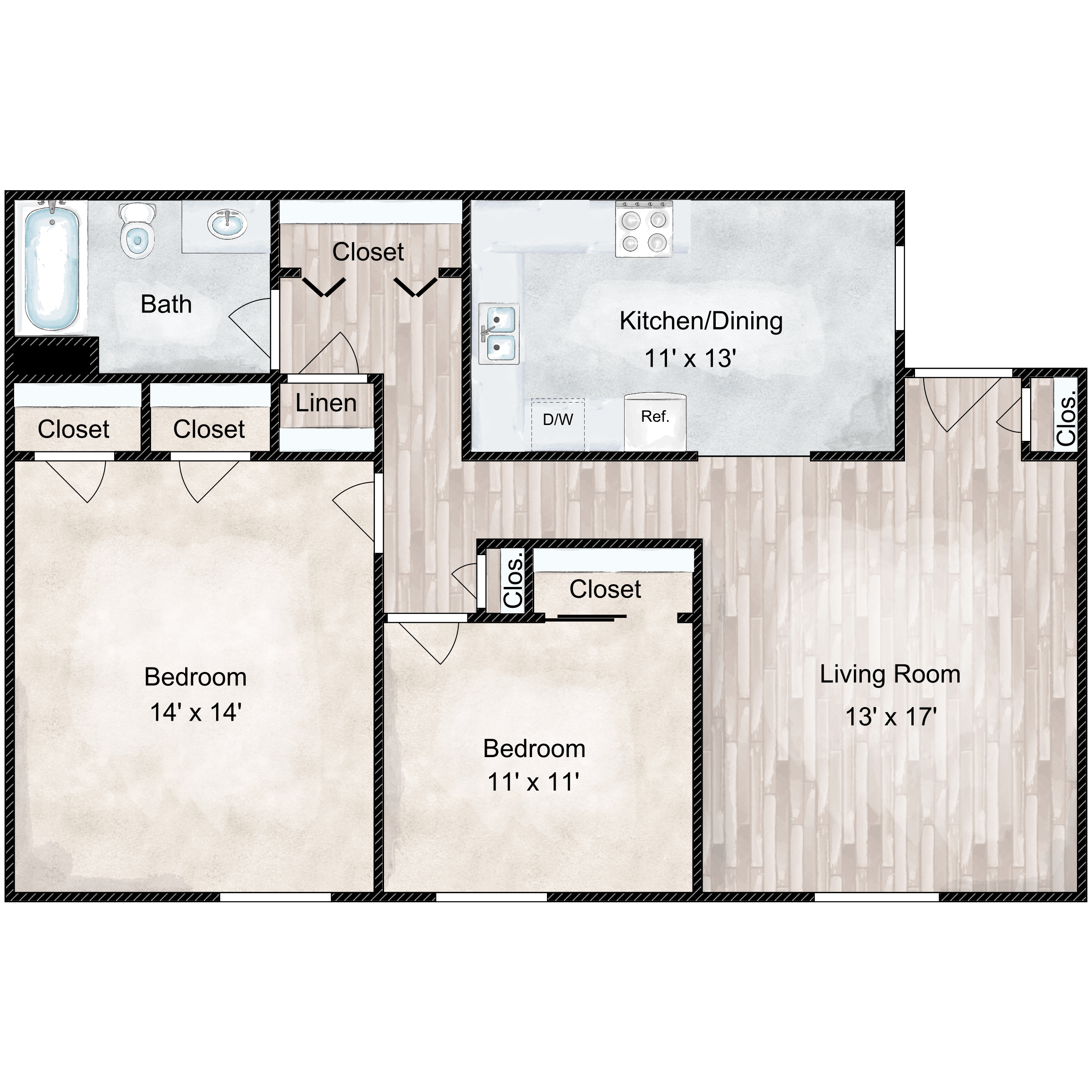 Floor plan for 2 beds, 1 bath, 953 sqft