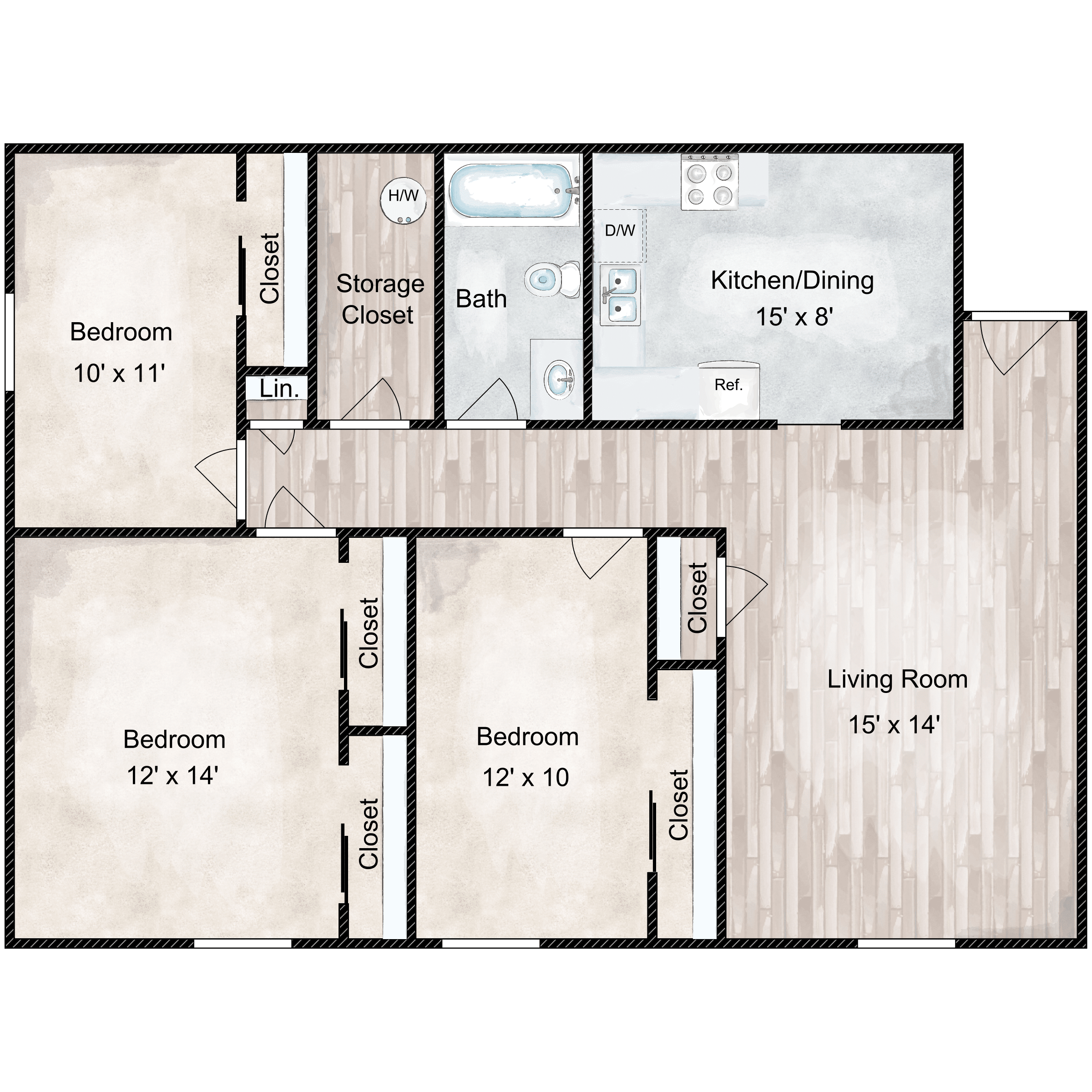 Floor plan for 3 beds, 1 bath, 1140 sqft