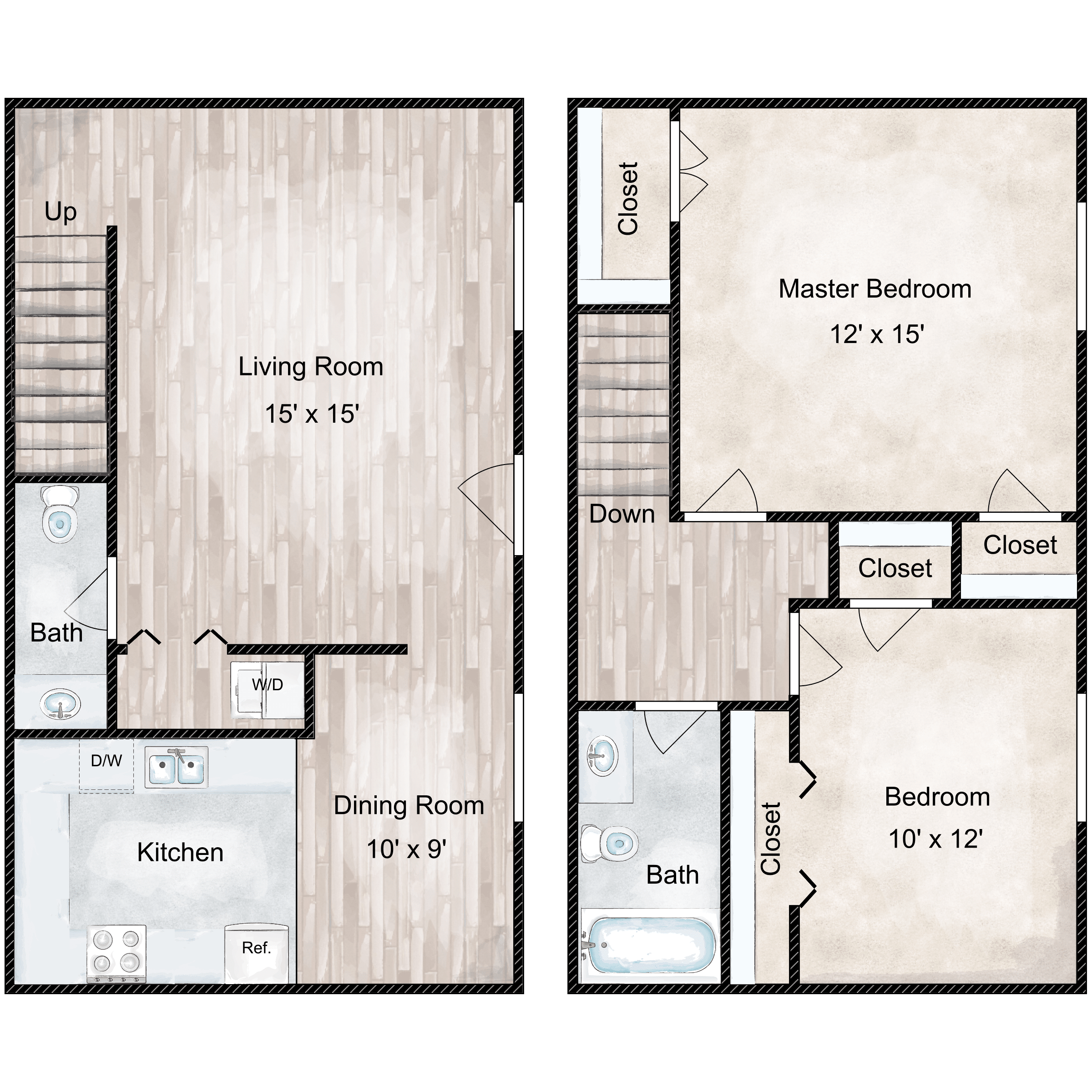 Floor plan for 2 beds, 1.5 baths, 1075 sqft