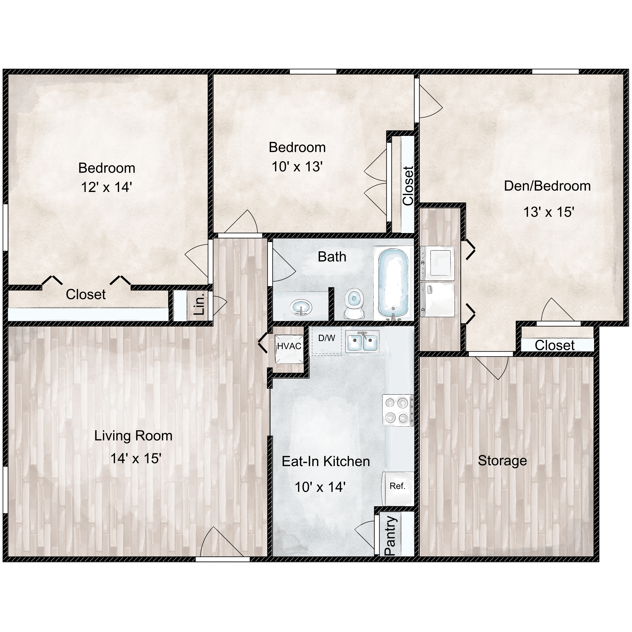 Floor plan for 3 beds, 1 bath, 1110 sqft