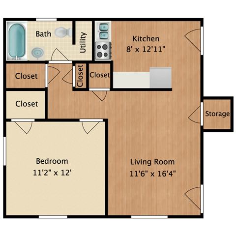 Floor plan for 1 bed, 1 bath, 560 sqft