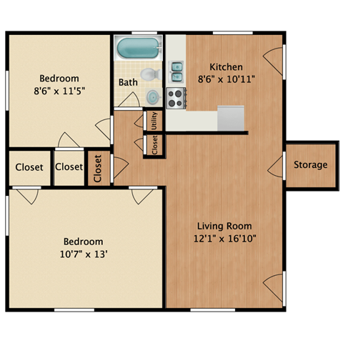 Floor plan for 2 beds, 1 bath, 760 sqft