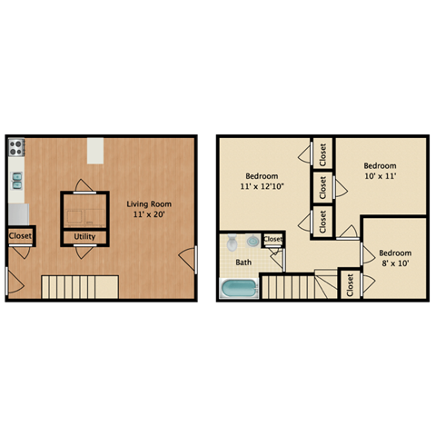 Floor plan for 3 beds, 1 bath, 1015 sqft