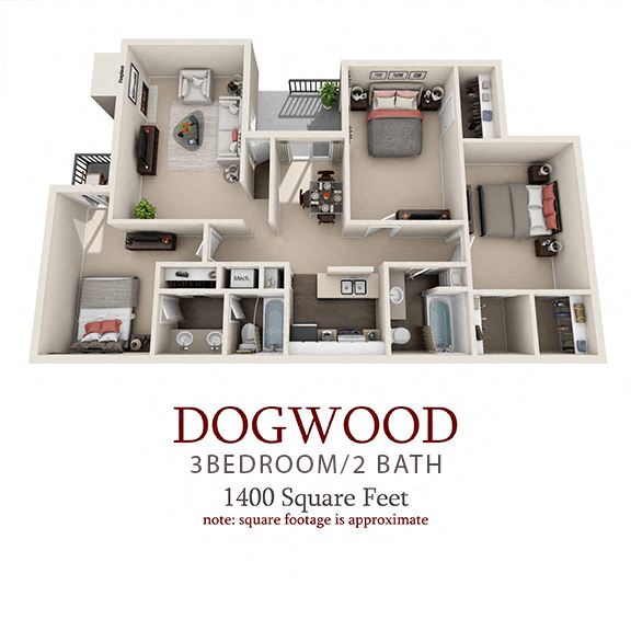 Floor plan for 3 beds, 2 baths, 1400 sqft