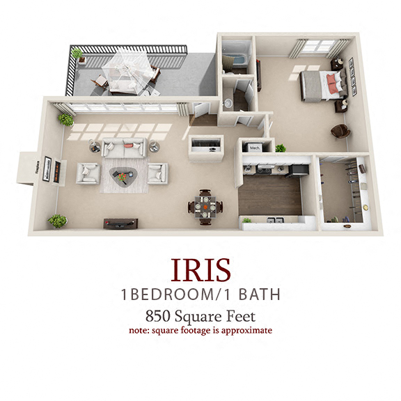Floor plan for 1 bed, 1 bath, 850 sqft
