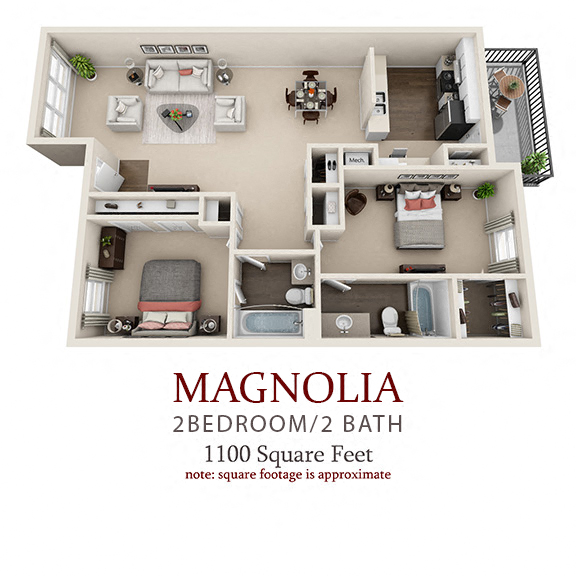 Floor plan for 2 beds, 2 baths, 1100 sqft