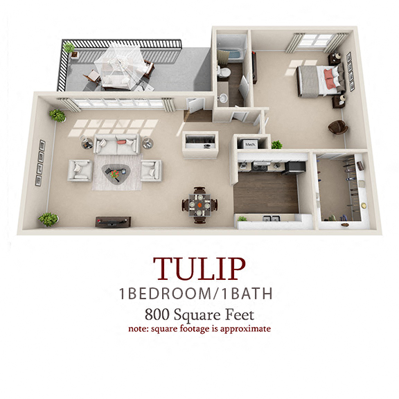 Floor plan for 1 bed, 1 bath, 800 sqft