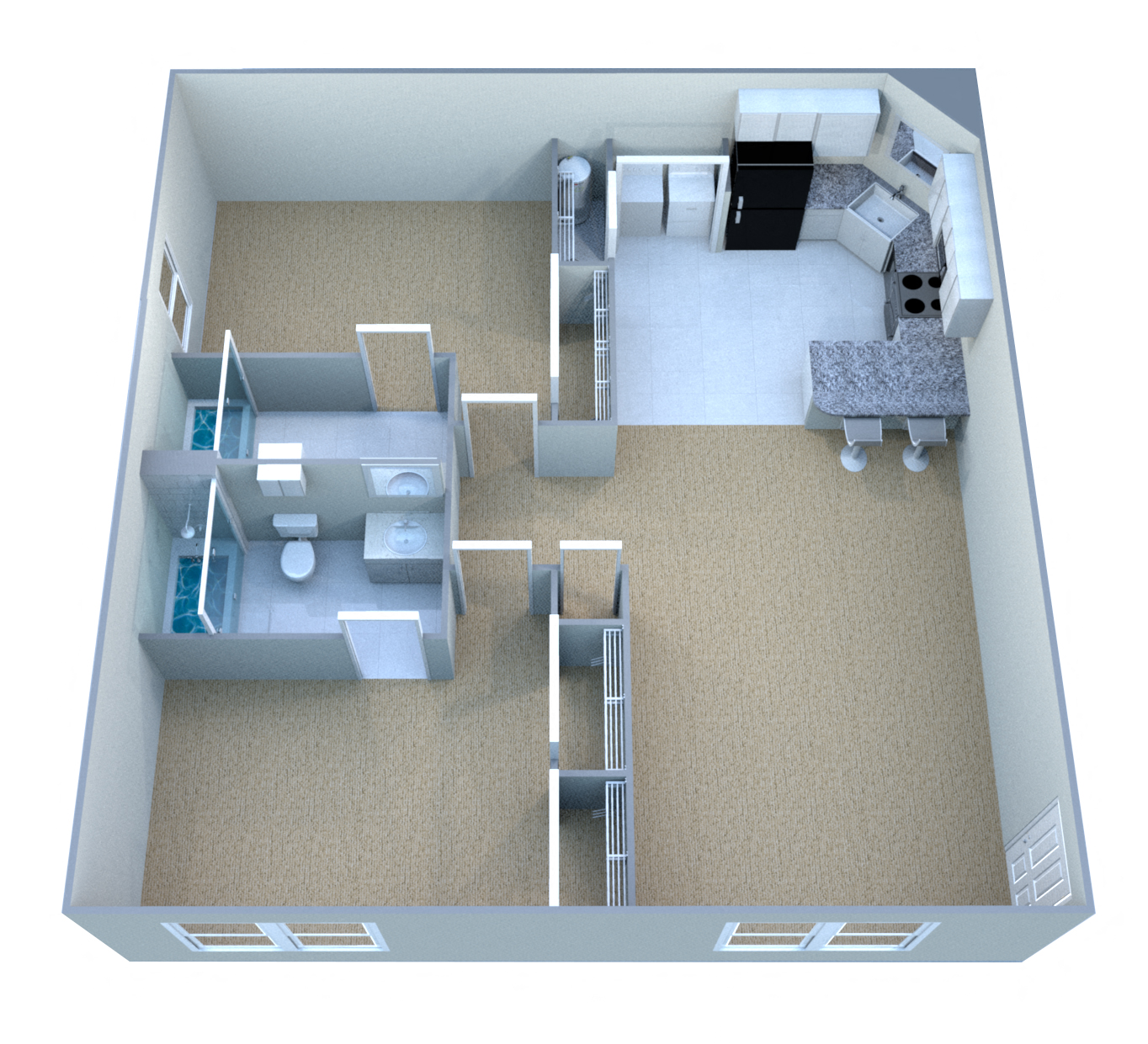 Floor plan for 2 beds, 2 baths, 989 sqft