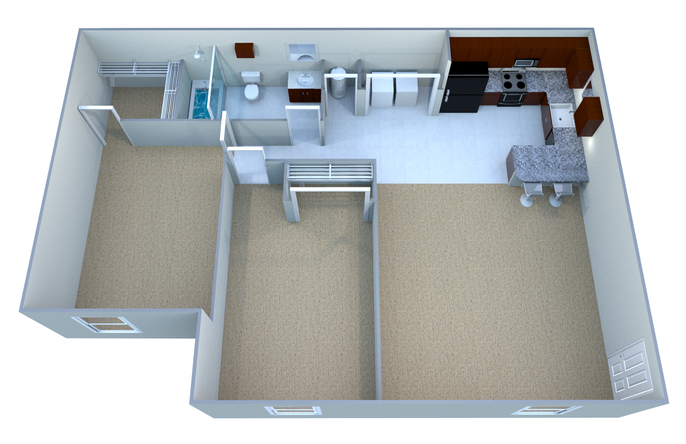Floor plan for 2 beds, 1 bath, 889 sqft