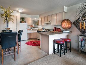 Fort Smith apartment for rent - a kitchen with a bar and stools and a living room with a dining area