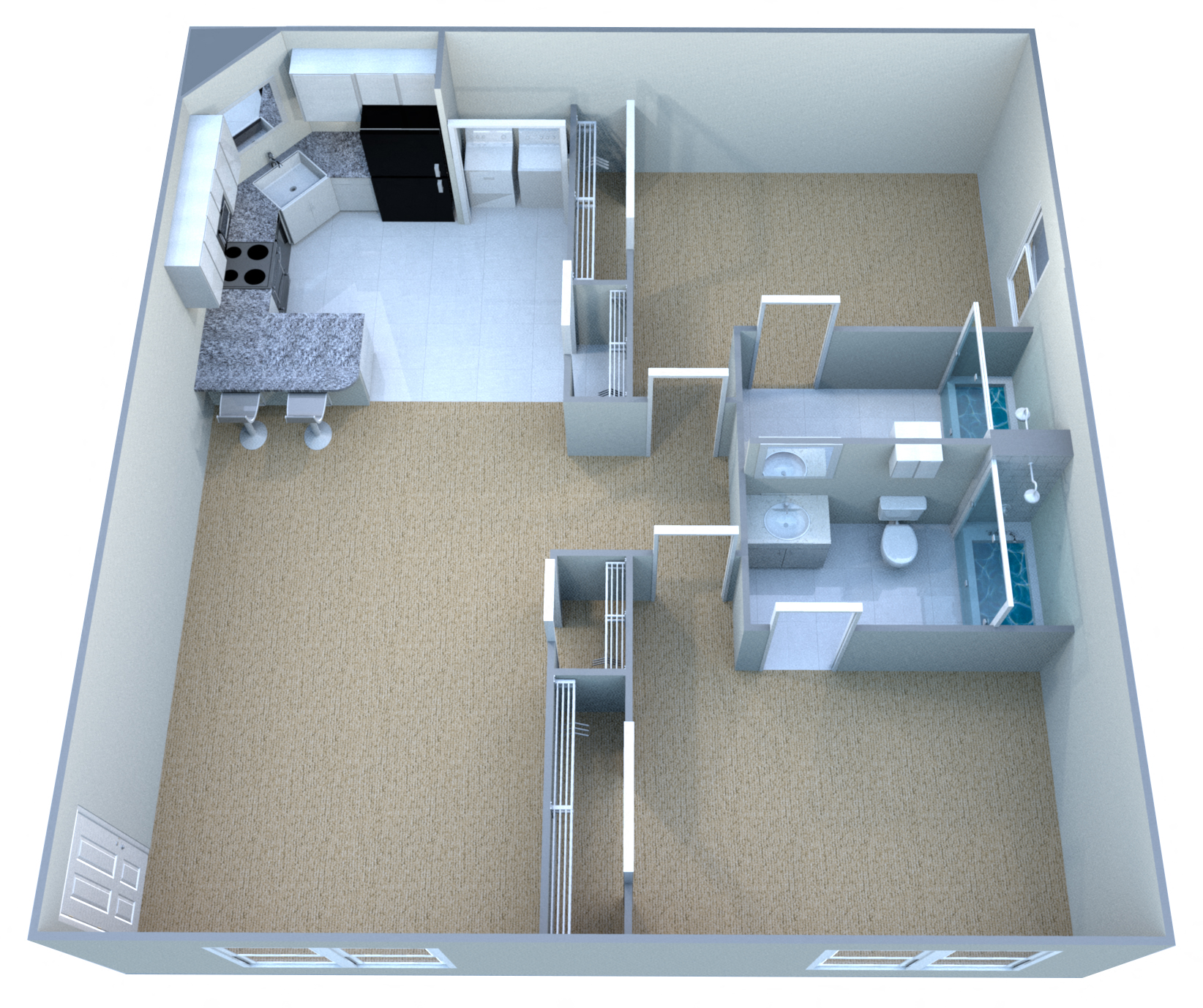 Floor plan for 2 beds, 2 baths, 987 sqft