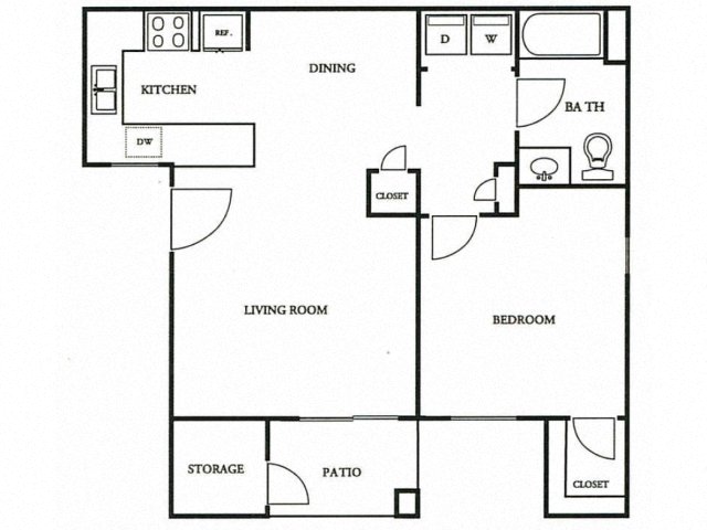 Floor plan for 1 bed, 1 bath, 765 sqft