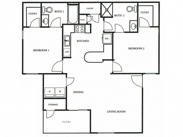 Floor plan for 2 beds, 2 baths, 1090 sqft