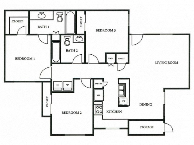 Floor plan for 3 beds, 2 baths, 1159 sqft