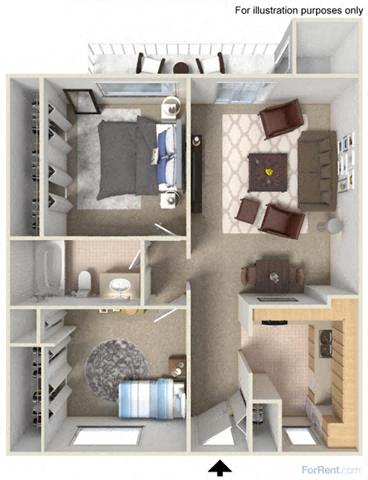 Floor plan for 2 beds, 1 bath, 760 sqft