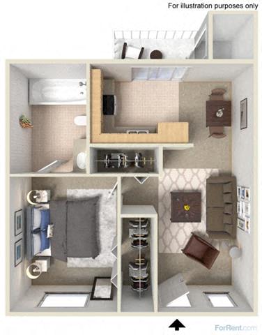Floor plan for 1 bed, 1 bath, 419 sqft