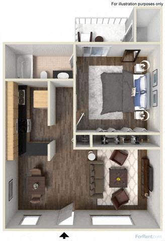 Floor plan for 1 bed, 1 bath, 577 sqft