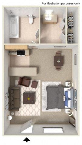 Floor plan for studio, 1 bath, 340 sqft