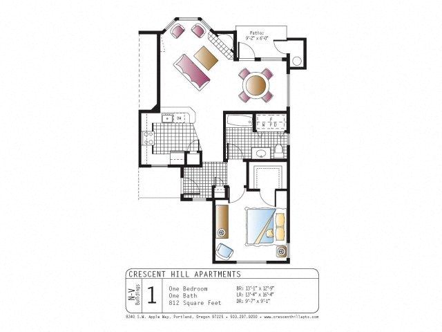 Floor plan for 1 bed, 1 bath, 812 sqft