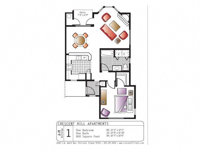Floor plan for 1 bed, 1 bath, 812 sqft