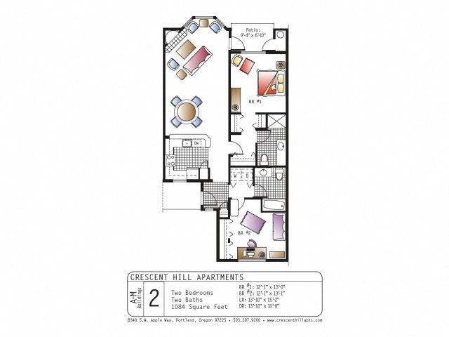 Floor plan for 2 beds, 2 baths, 1100 sqft