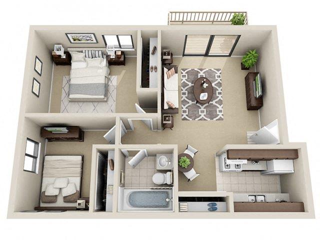 Floor plan for 2 beds, 1 bath, 670 sqft