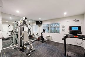 Lake Balboa apartment for rent - A well-equipped fitness center with cardio and strength training equipment, mirrored walls, a television, and large windows.