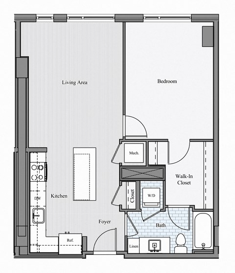 Floor plan for 1 bed, 1 bath, 869 sqft