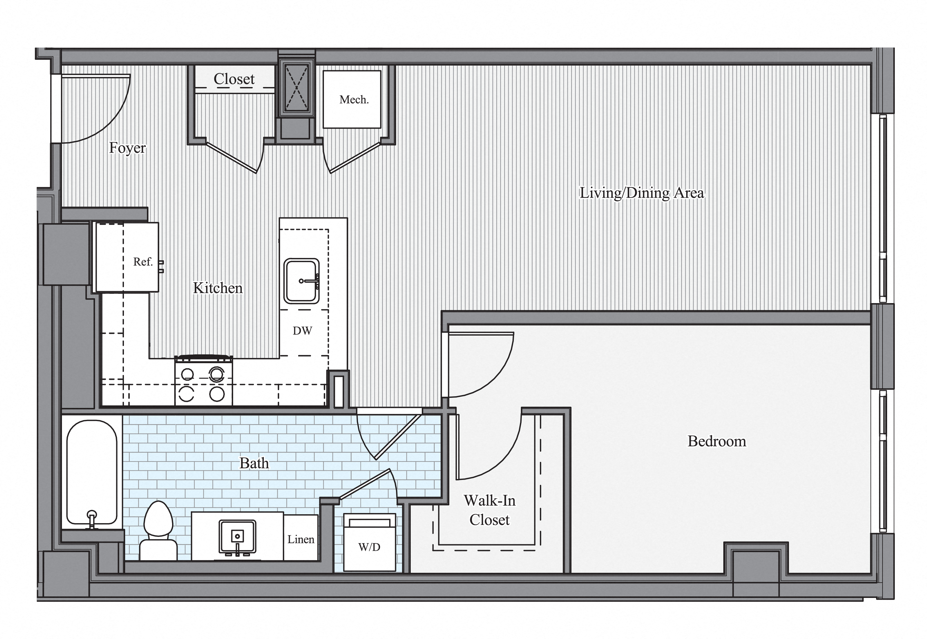 Floor plan for 1 bed, 1 bath, 823 sqft