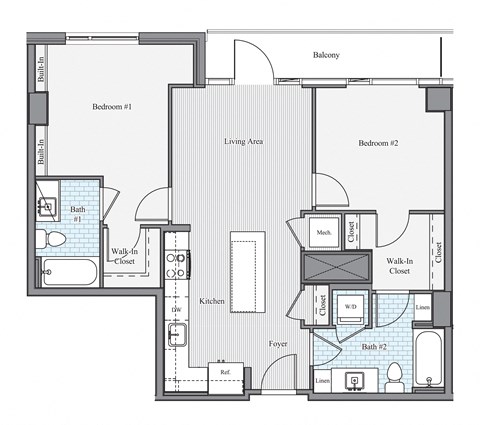 Floor plan for 2 beds, 2 baths, 1127 sqft