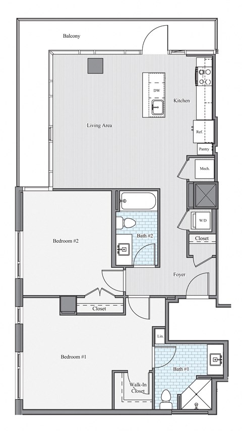Floor plan for 2 beds, 2 baths, 1134 sqft