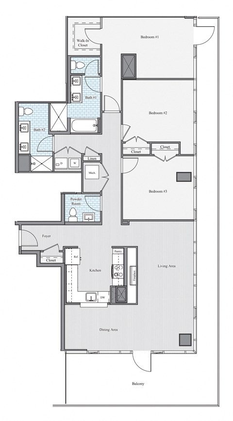 Floor plan for 3 beds, 2.5 baths, 1664 sqft