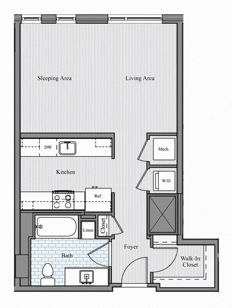 Floor plan for studio, 1 bath, 612 sqft