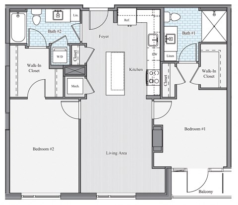 Floor plan for 2 beds, 2 baths, 1040 sqft