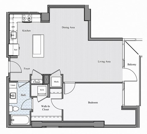 Floor plan for 1 bed, 1 bath, 864 sqft
