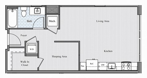 Floor plan for studio, 1 bath, 589 sqft