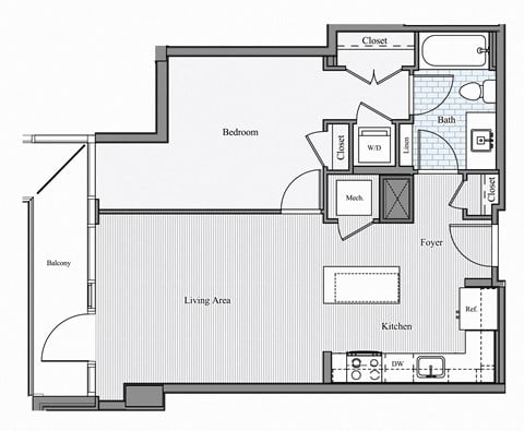 Floor plan for 1 bed, 1 bath, 704 sqft